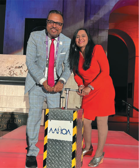 aahoa chairman bharat patel and his wife manisha during the opening reception for aahoacon23 at the los angeles coliseum